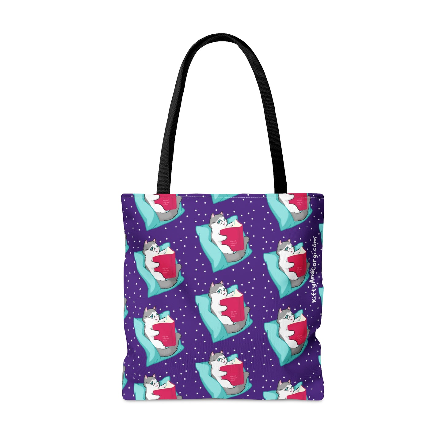 Kitty Reading a Book - Repeating Pattern in Dark Purple - Tote Bag (AOP)