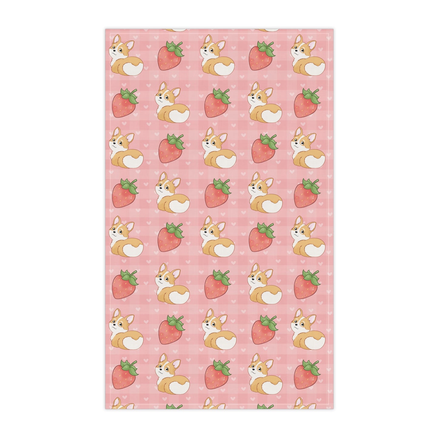Corgi Butt and Strawberries Pink Hearts Gingham Kitchen Towel