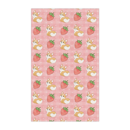 Corgi Butt and Strawberries Pink Hearts Gingham Kitchen Towel