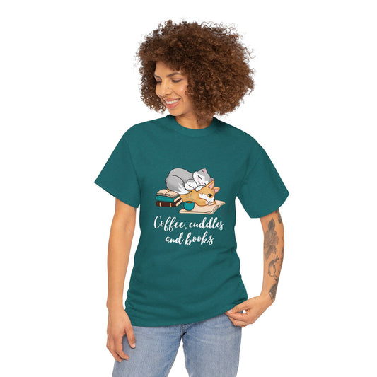 Kitty and Corgi Coffee Cuddles and Books Unisex Heavy Cotton Tee