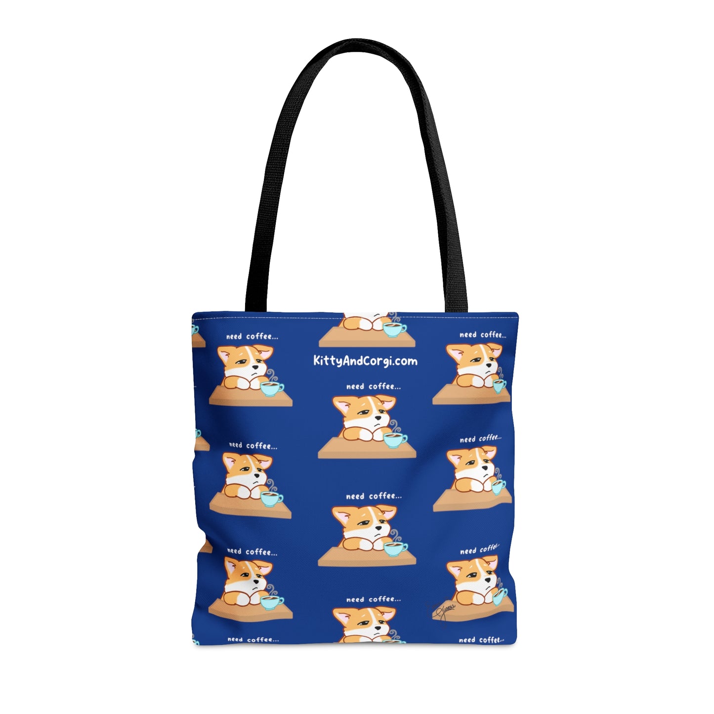 Corgi Needs Coffee - Repeating Pattern in Midnight Blue - Tote Bag