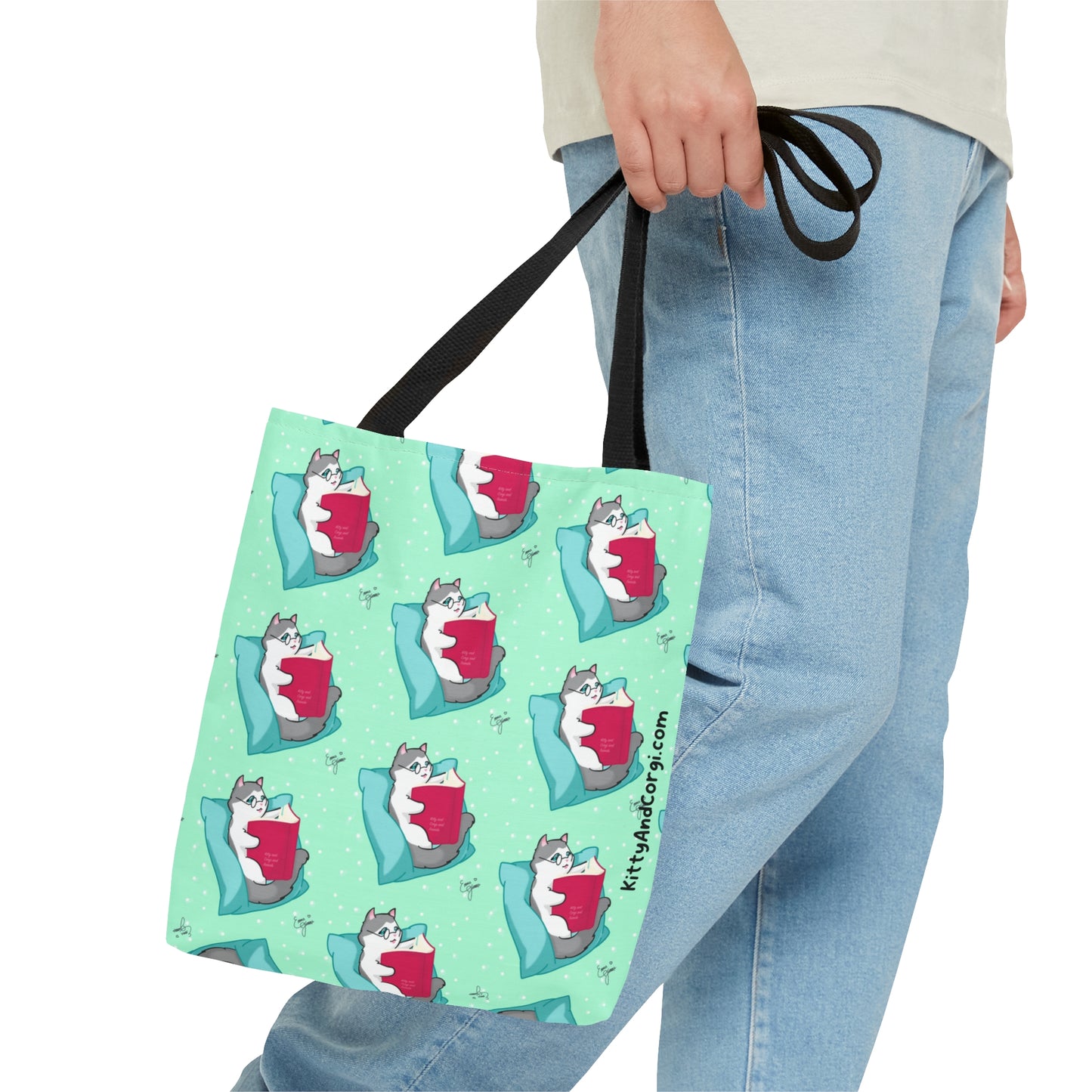 Kitty Reading a Book - Repeating Pattern - Tote Bag (AOP)