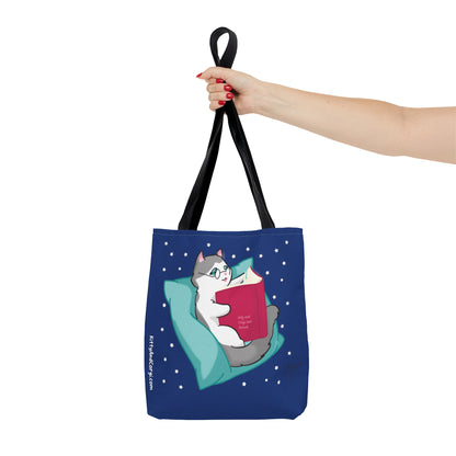 Kitty Reading a Book - single design - Midnight Blue Tote Bag (AOP)