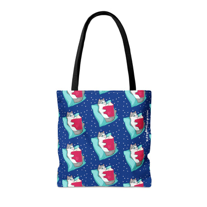 Kitty Reading a Book - Repeating Pattern in Midnight Blue - Tote Bag (AOP)