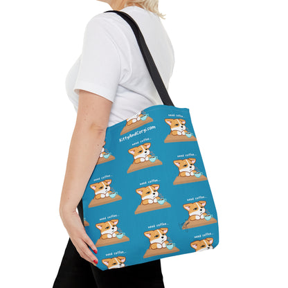 Corgi Needs Coffee - Repeating Pattern in Turquoise - Tote Bag