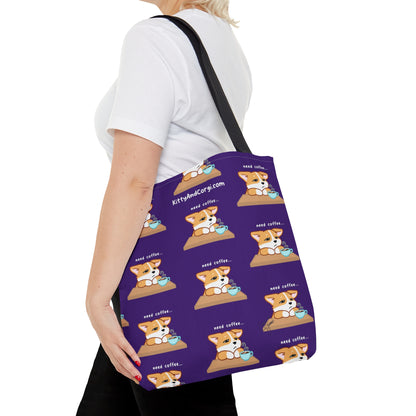 Corgi Needs Coffee - Repeating Pattern in Dark Purple - Tote Bag