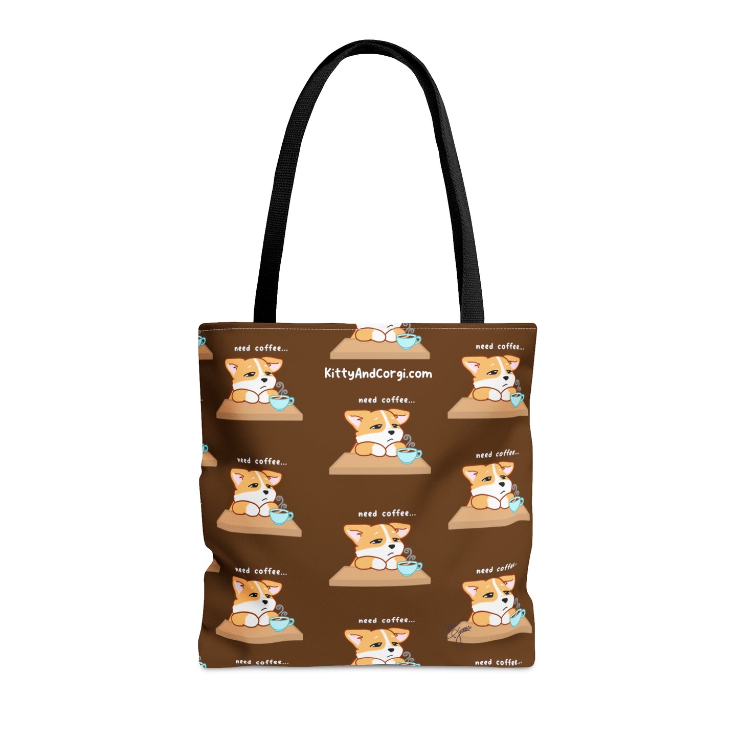 Corgi Needs Coffee - Repeating Pattern in Coffee Brown - Tote Bag