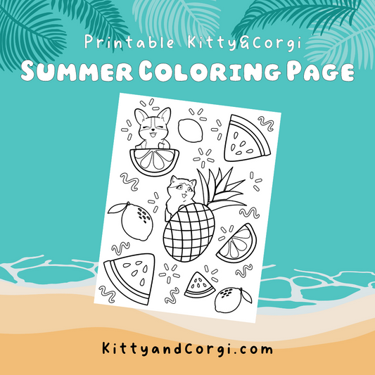 Kitty and Corgi Summer Fruits Coloring Page