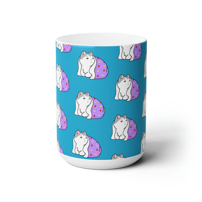 Sleepy Kitty Patterned Turquoise Ceramic Mug 15oz