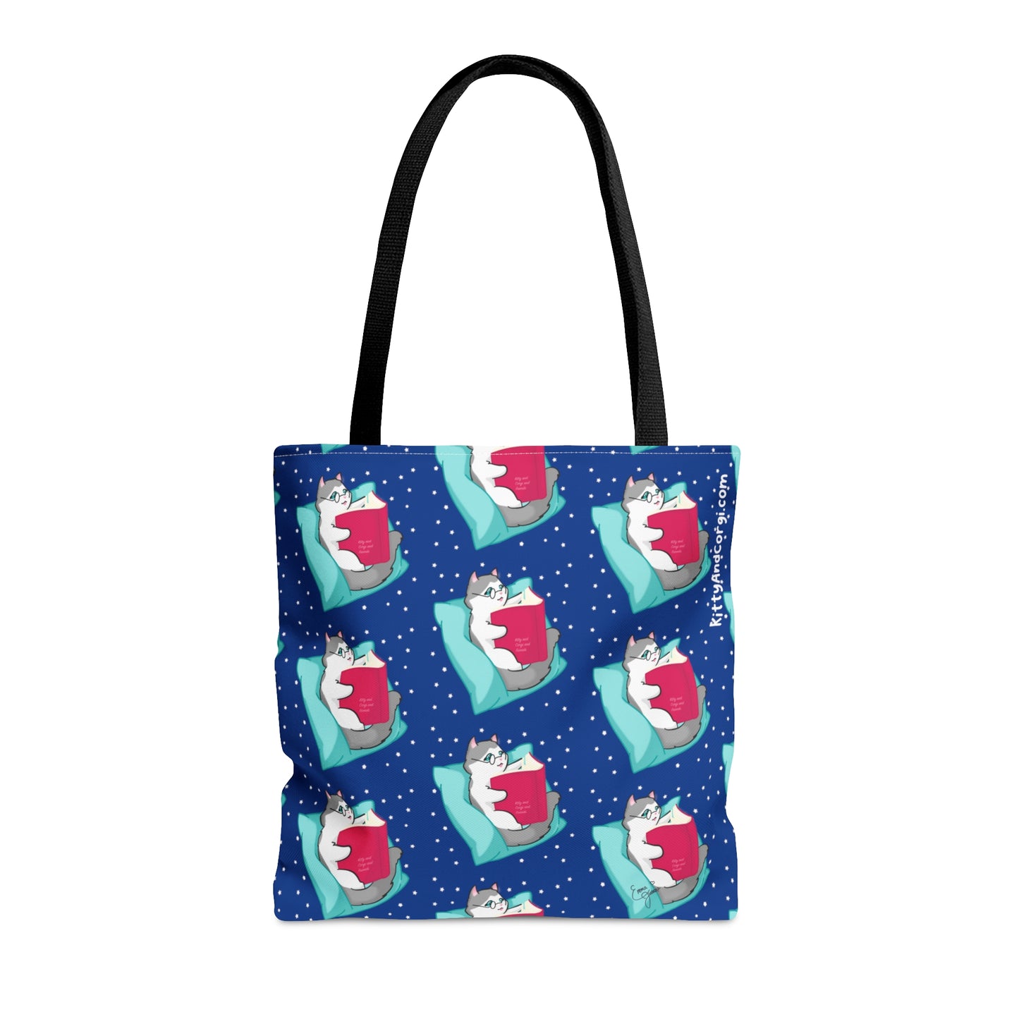 Kitty Reading a Book - Repeating Pattern in Midnight Blue - Tote Bag (AOP)