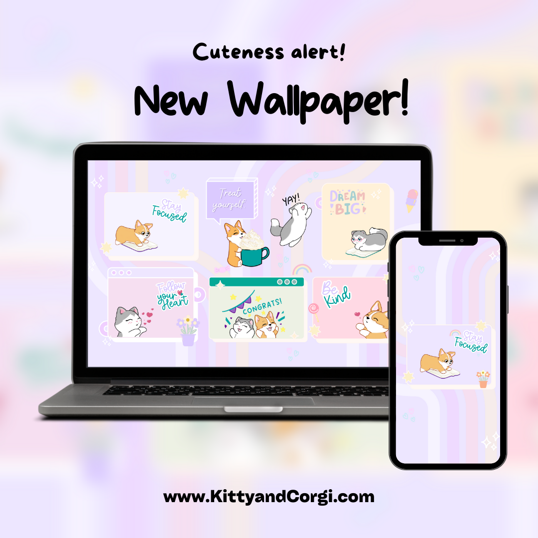 Kitty and Corgi 4k Pastel Encouragement Notes Desktop Wallpaper
