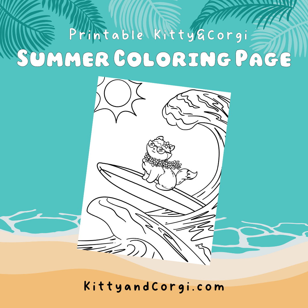 Kitty Surfing Coloring Page