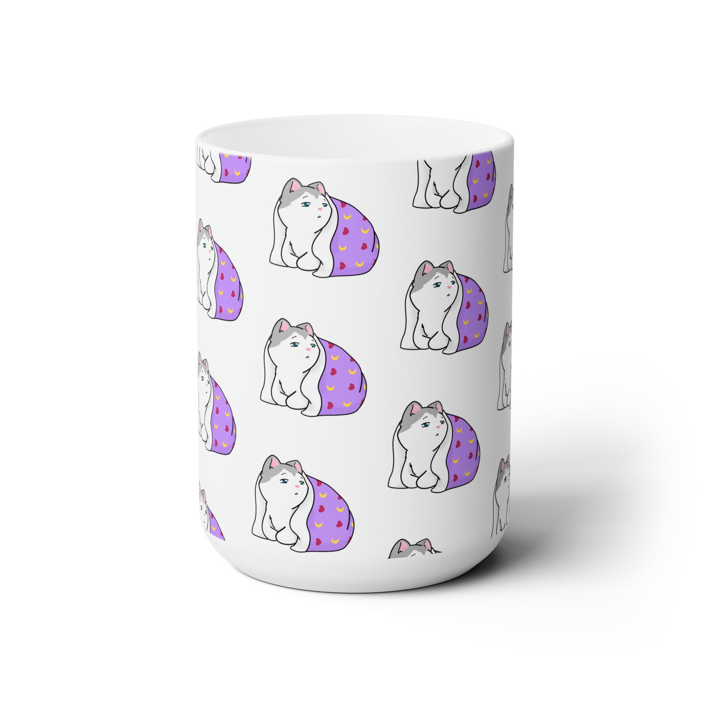 Sleepy Kitty Patterned White Ceramic Mug 15oz