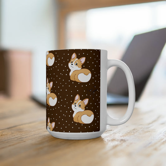 Corgi Butt Patterned Ceramic Mug - Coffee Brown with stars - 15oz