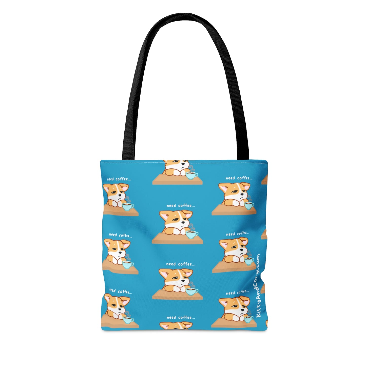 Corgi Needs Coffee - Repeating Pattern in Turquoise - Tote Bag