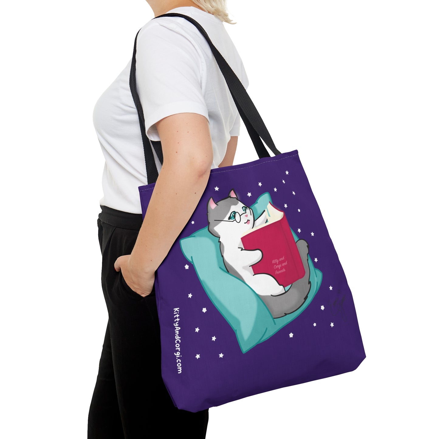 Kitty Reading a Book - single design - Dark Purple Tote Bag (AOP)