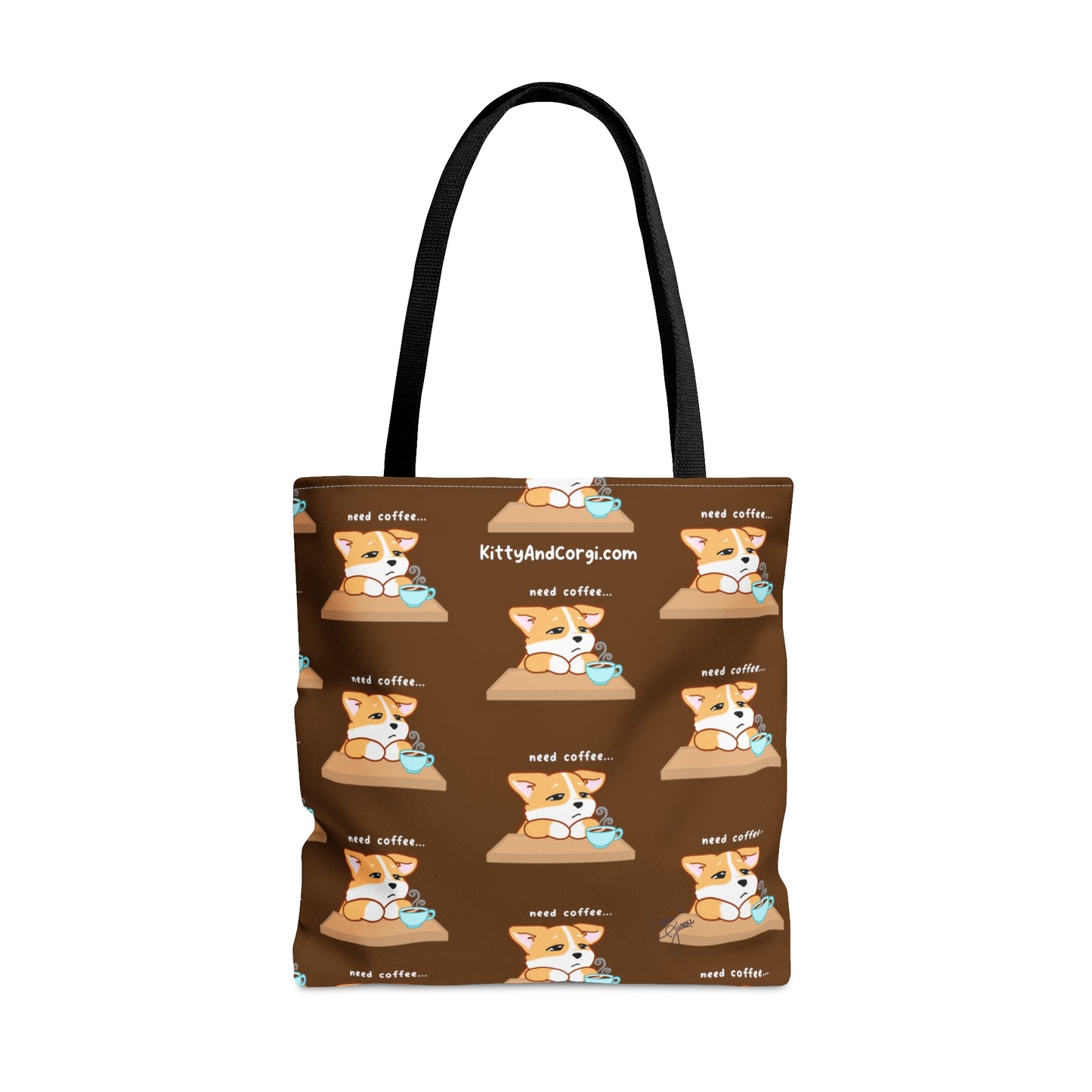 Corgi Needs Coffee - Repeating Pattern in Coffee Brown - Tote Bag
