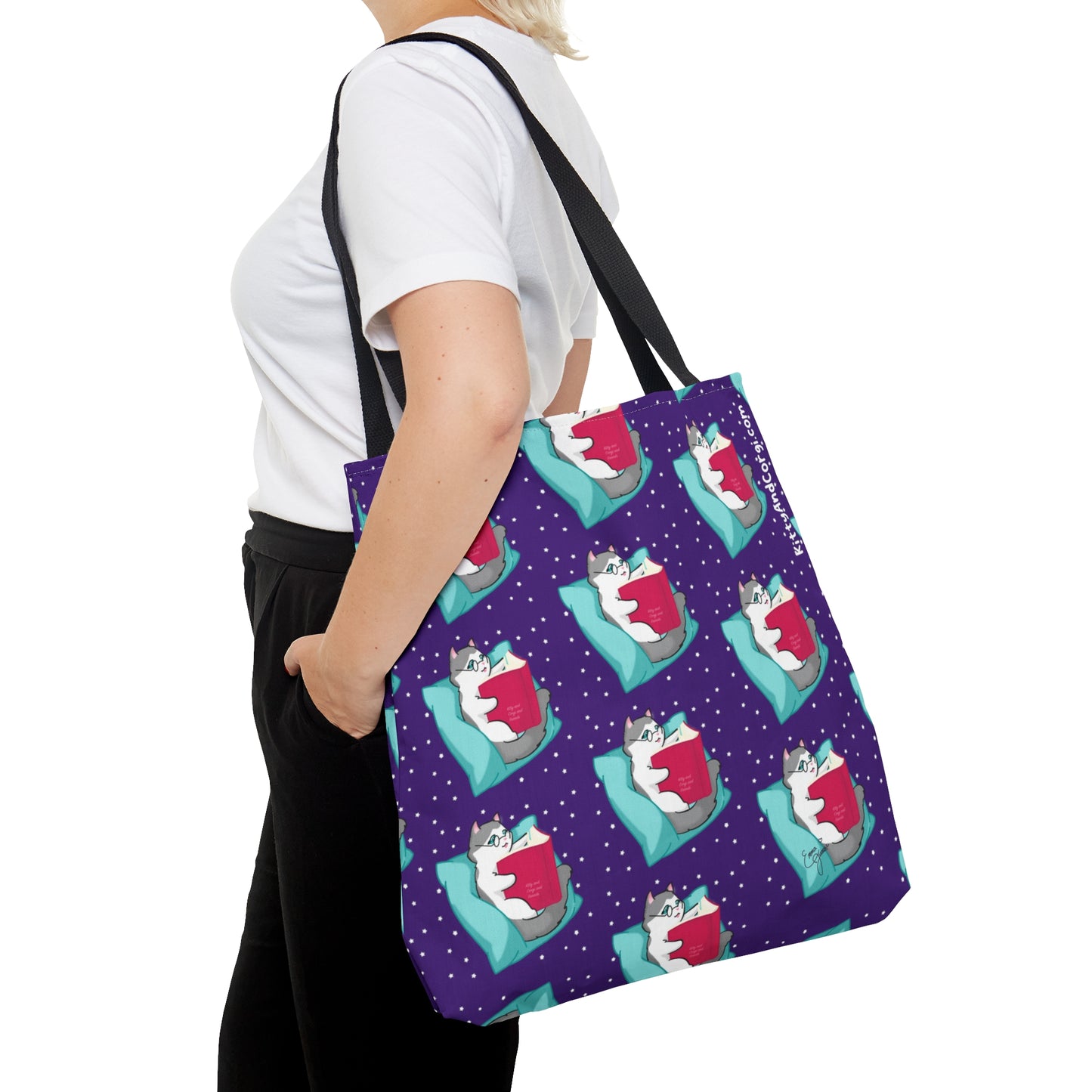Kitty Reading a Book - Repeating Pattern in Dark Purple - Tote Bag (AOP)