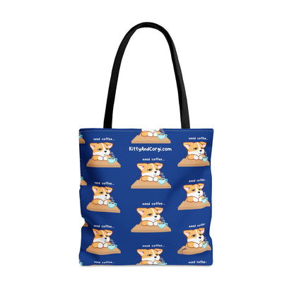 Corgi Needs Coffee - Repeating Pattern in Midnight Blue - Tote Bag