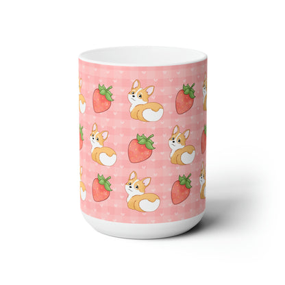 Corgi Butt and Strawberries Pink Heart Gingham 15 oz Mug