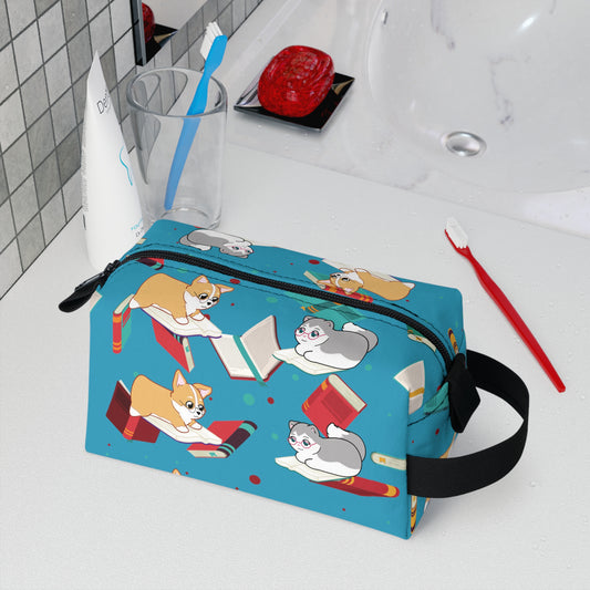 Kitty and Corgi Reading a Book - Turquoise Toiletry Bag