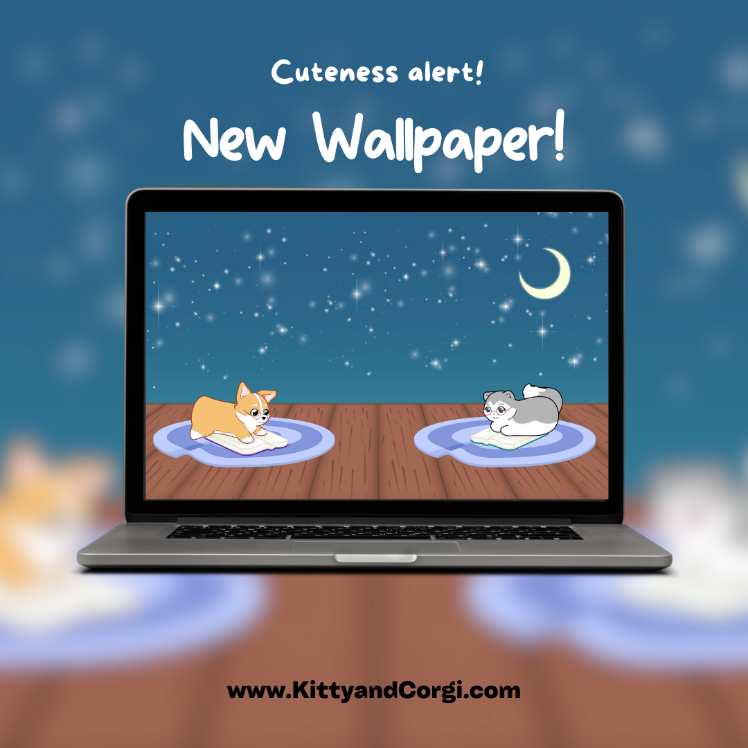 Kitty and Corgi Reading Under the Night Sky - 4k Desktop Wallaper