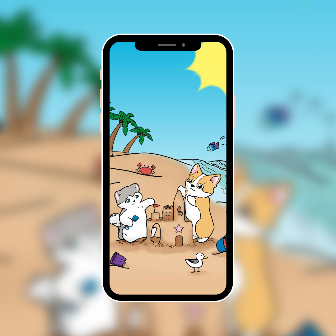 Kitty&Corgi building a Sandcastle at the beach - Mobile Wallpaper