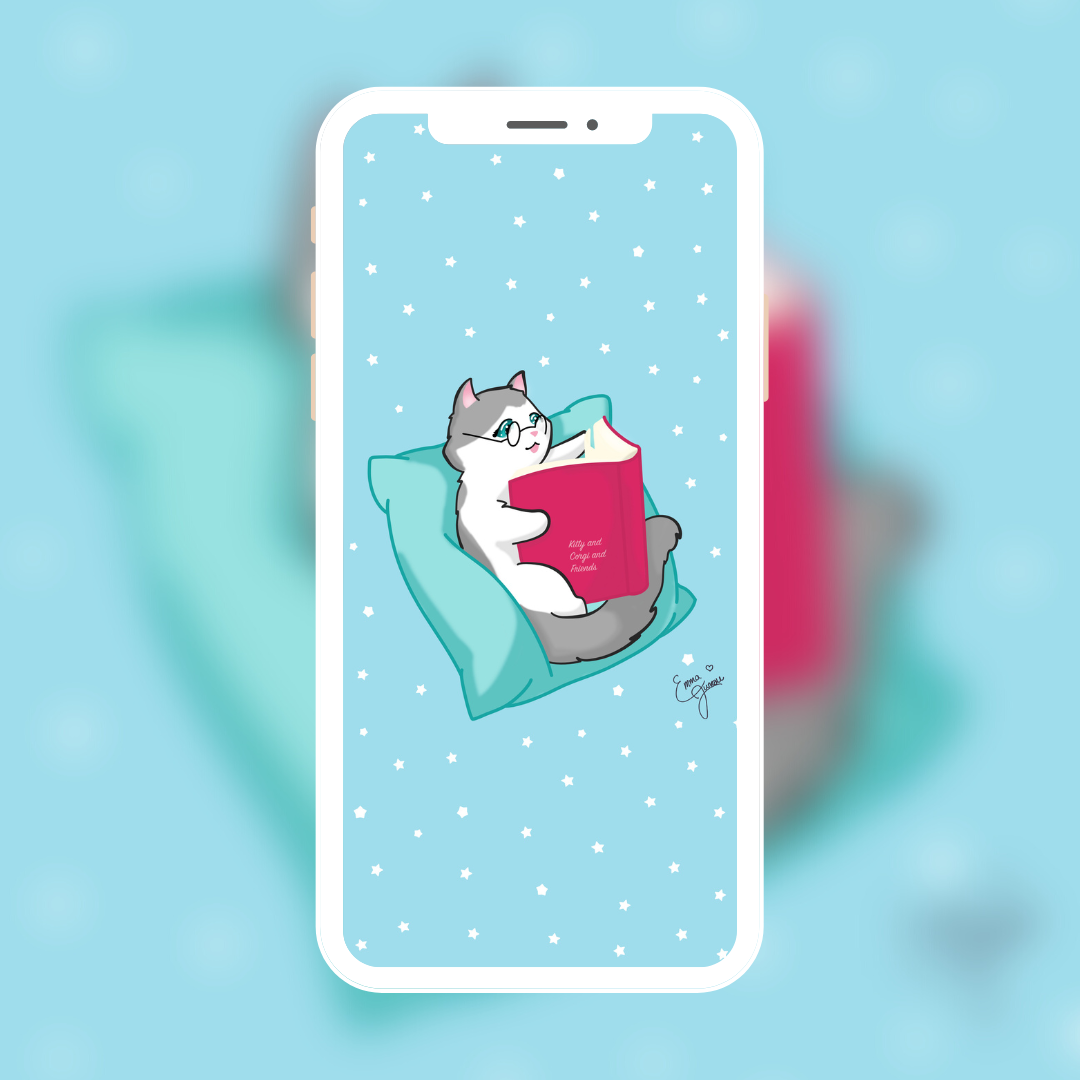 Kitty Reading a Book - Mobile Wallpaper - Available in 4 different colors