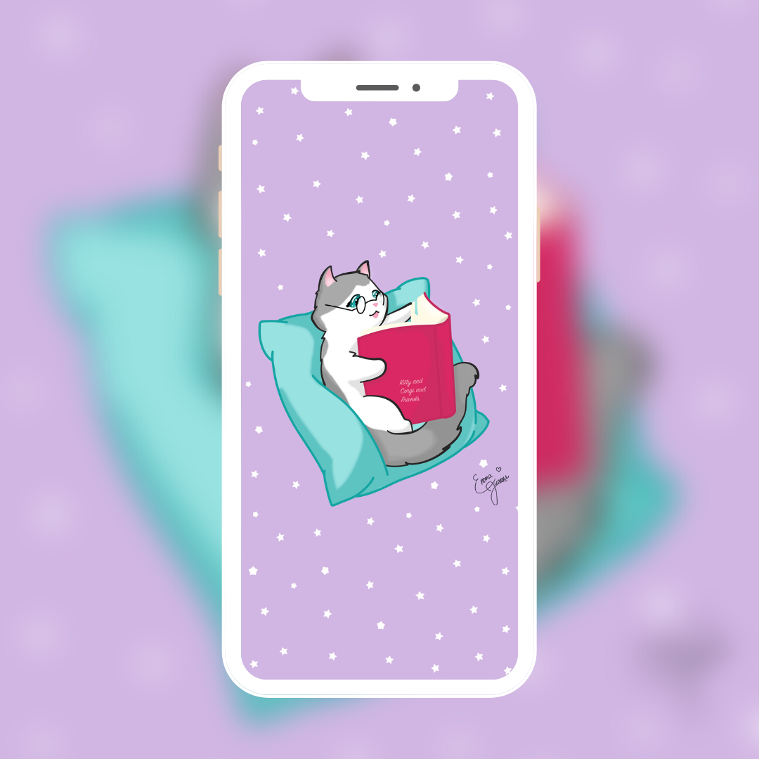 Kitty Reading a Book - Mobile Wallpaper - Available in 4 different colors