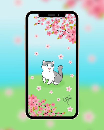 Kitty Under the Sakura Mobile Wallpaper