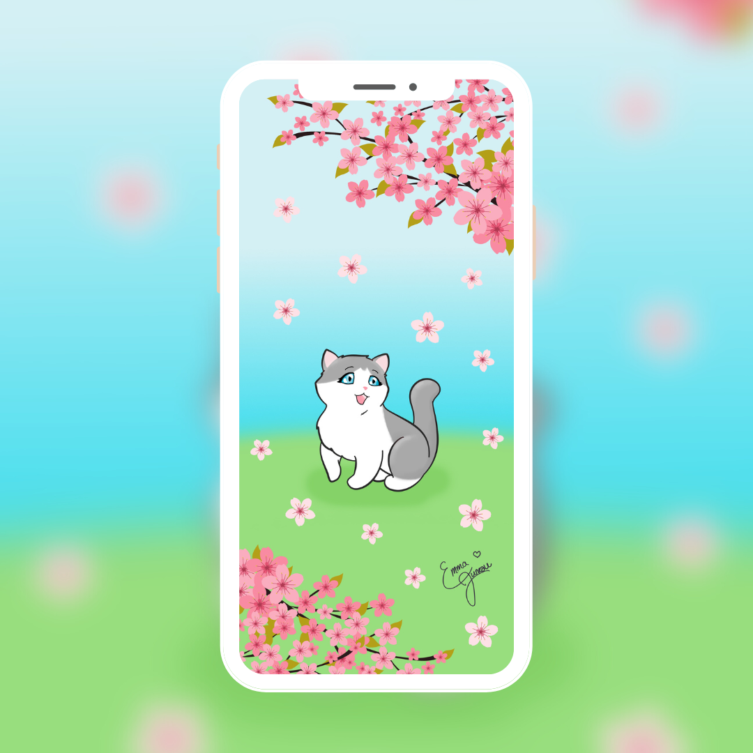 Kitty Under the Sakura Mobile Wallpaper