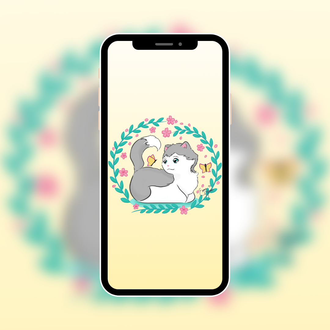 Sakura Kitty and the Butterfly Wreath - Mobile Wallpaper - Available in 5 Colors