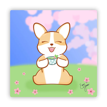 Corgi Drinking Tea under the Sakura Blossoms Sticker