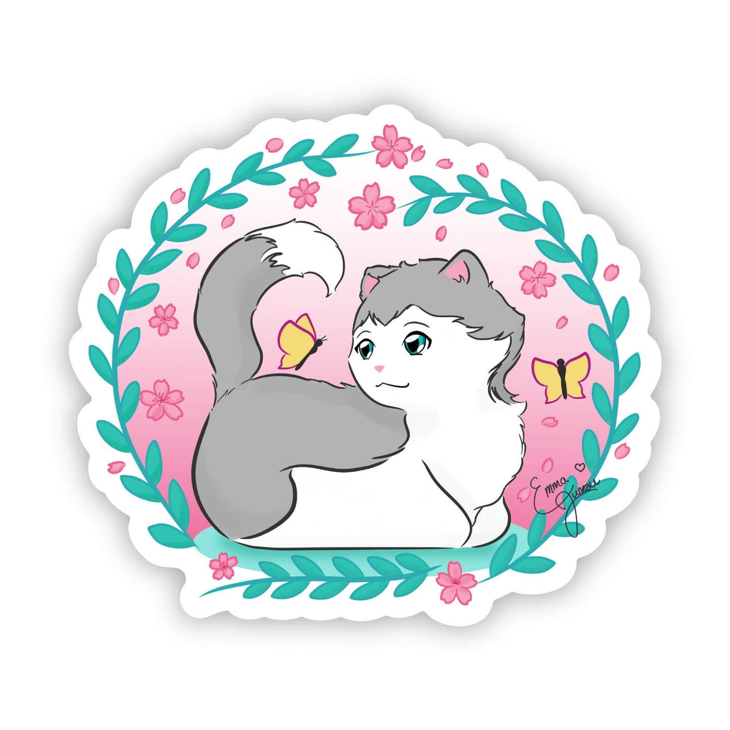 PINK Sakura Kitty and the Butterfly Wreath - Die Cut Sticker