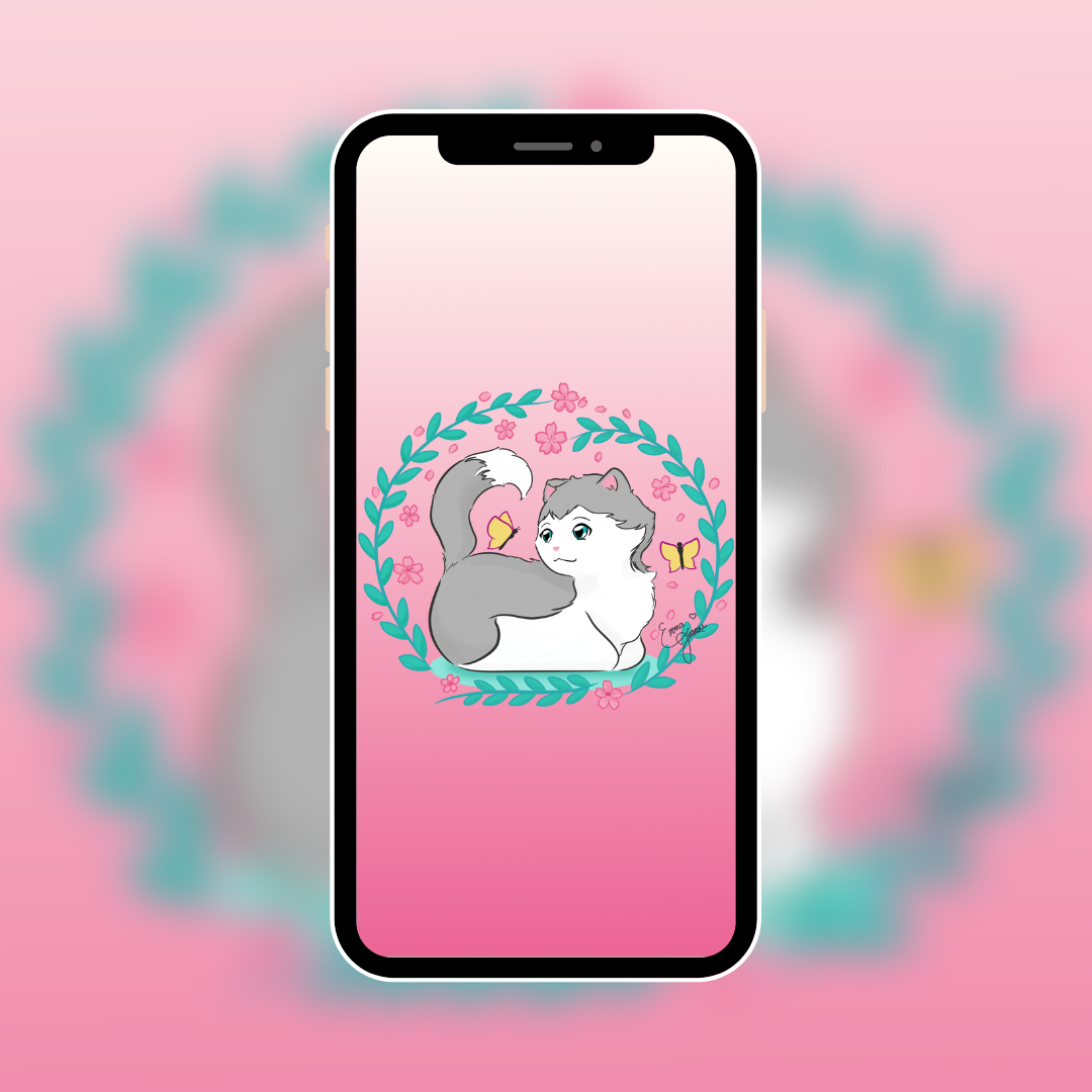 Sakura Kitty and the Butterfly Wreath - Mobile Wallpaper - Available in 5 Colors